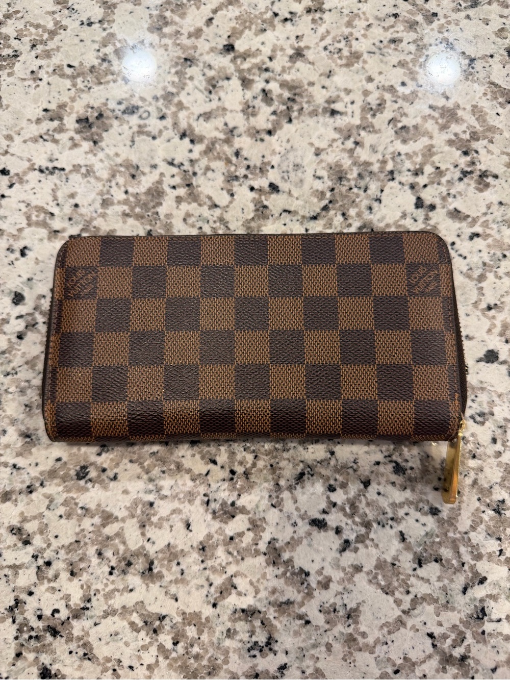 Louis Vuitton Brown Damier Canvas Zip Wallet with Pink Interior